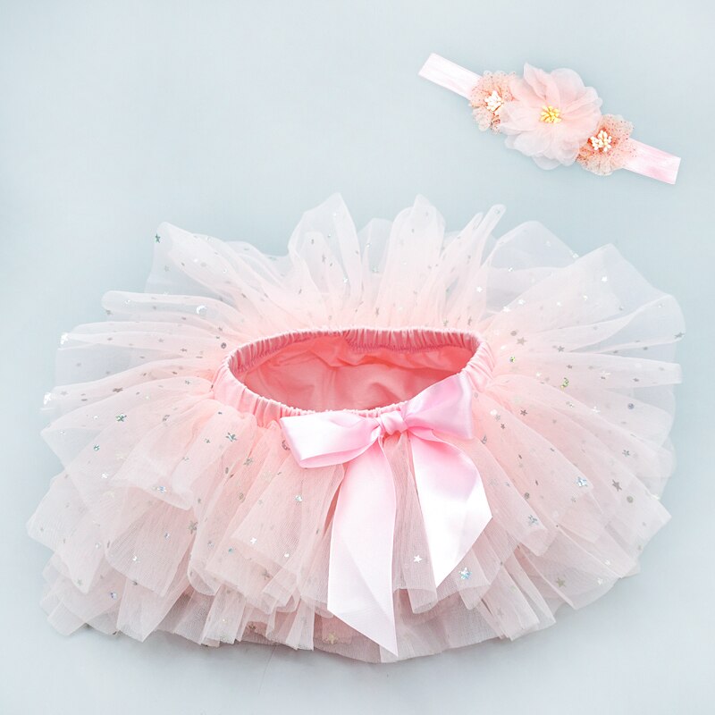 Baby girls glitter tutu skirt 2pcs tulle bloomers diaper Newborn outfit with flower headband set Infant baby mesh skirt