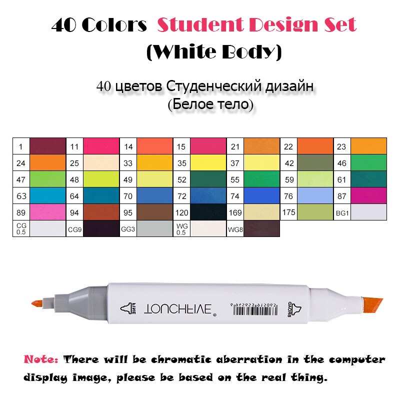 TouchFIVE 40 couleurs double tête Art marqueurs ensemble stylo marqueur d'alcool huileux pour dessiner Manga vêtements de produit croquis marqueurs: 40 Student White
