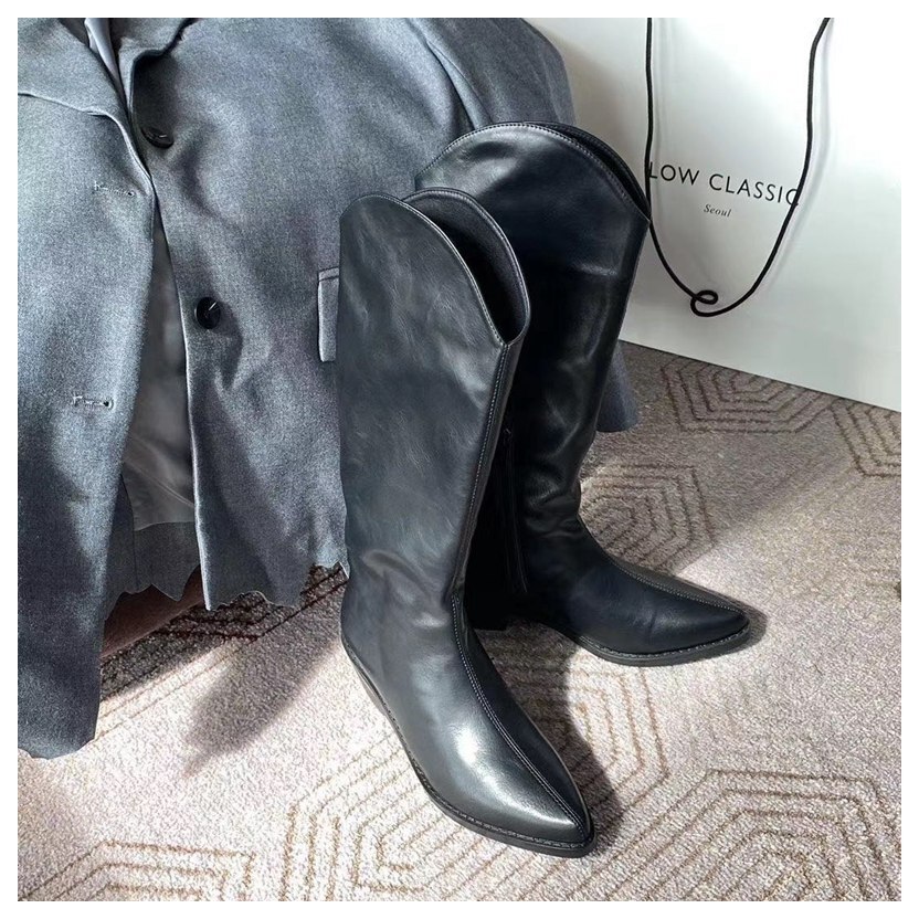 Herfst cowboylaarzen voor dames, hoge hakken, laarzen voor dames, western cowgirl laarzen, rits, halfhoge dikke sleehakken, winterlaarzen: Zwart / 6