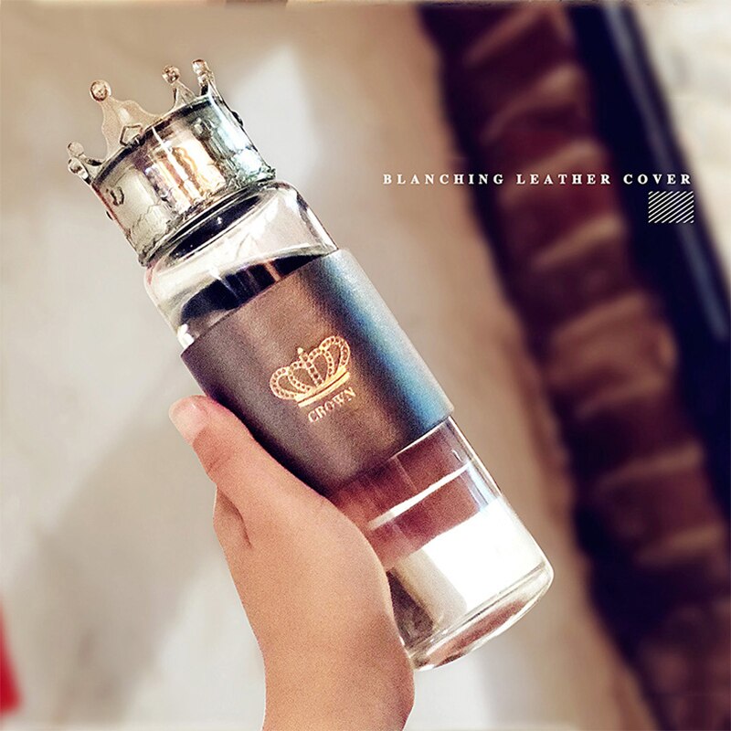 Glass Water Bottle With Crown LId Black Golden Portable High Borosilicate Heat Resistant Sports Water Bottle