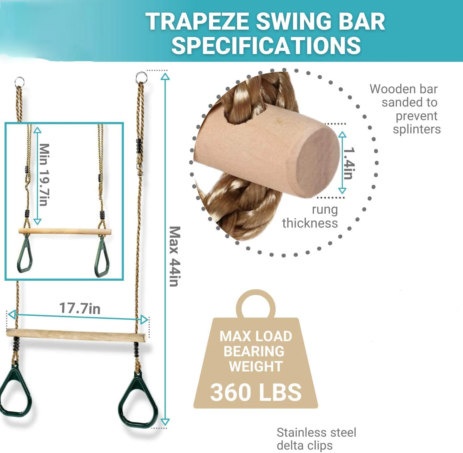 Houten trapeze met plastic gymringen Buiten Binnen Speeltuin 2-in-1 schommelset Accessoires voor kinderen: Default Title