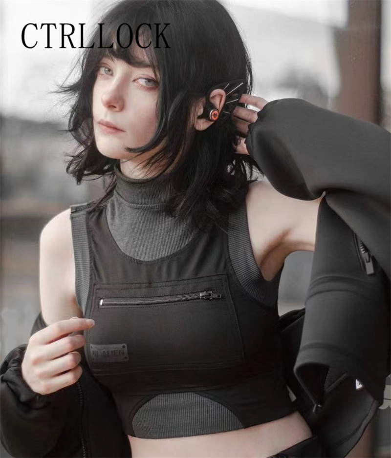 Ctrllock Techwear Punk Mouwloze Elastische Kleur Patchwork Pocket Vrouwen Tank Tops Zomer Streetwear