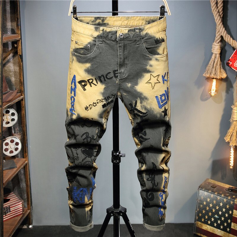 Europese Amerikaanse Stijl Mode Mannen Broek Gat Patch Elastische Brief Borduren Silm Fit Elastische Geel Jeans