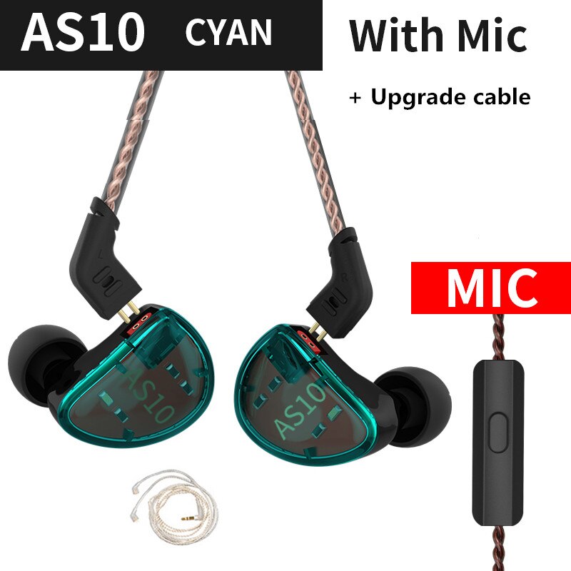 KZ-auriculares AS10 con 5 bandas de ajuste, cascos de alta fidelidad con monitor de graves, para música, general ZS10, ZST, BA10, ES4, AS16, AS12, ZSX: cyan mic silver