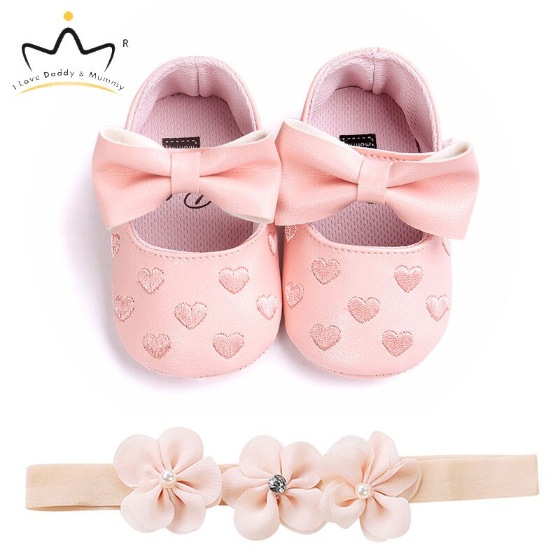 Rosa sløyfe prinsesse baby jente sko pannebånd sett pu leatherr myk bomull anti slip småbarn sko jenter sommer baby sko