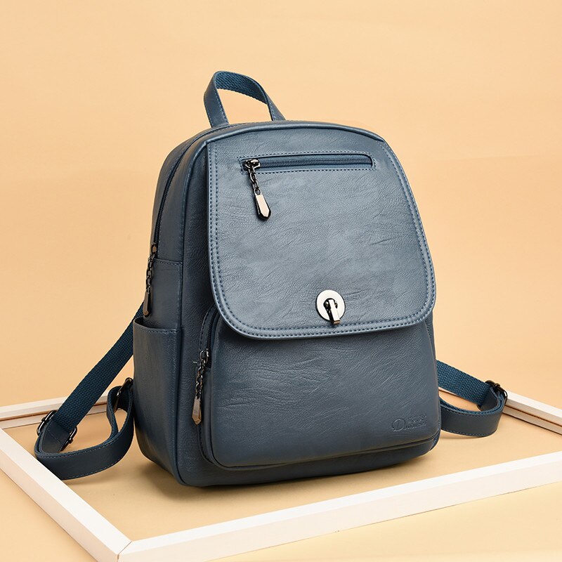 Vintage zwarte damesrugzak, merk damesrugzak, leren boekentas voor tienermeisjes, schooltas, reistas voor dames: Blauw