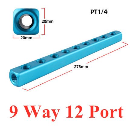Distribuidor de colector de aire de 1/4 &quot;PT, puerto de rosca 2, 3, 4, 5, 6, 7, 8, 9 vías, conector rápido neumático, divisor de bloque de aluminio de manguera: 9 Way 12 Port