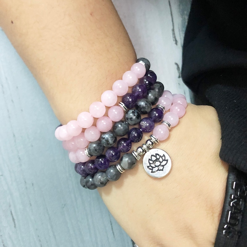 Healing Meditatie Natuursteen Mala Armband 108 Rose Quartzs Amethisten Larvakite Kralen Lotus Armband Voor Vrouwen Yoga Sieraden