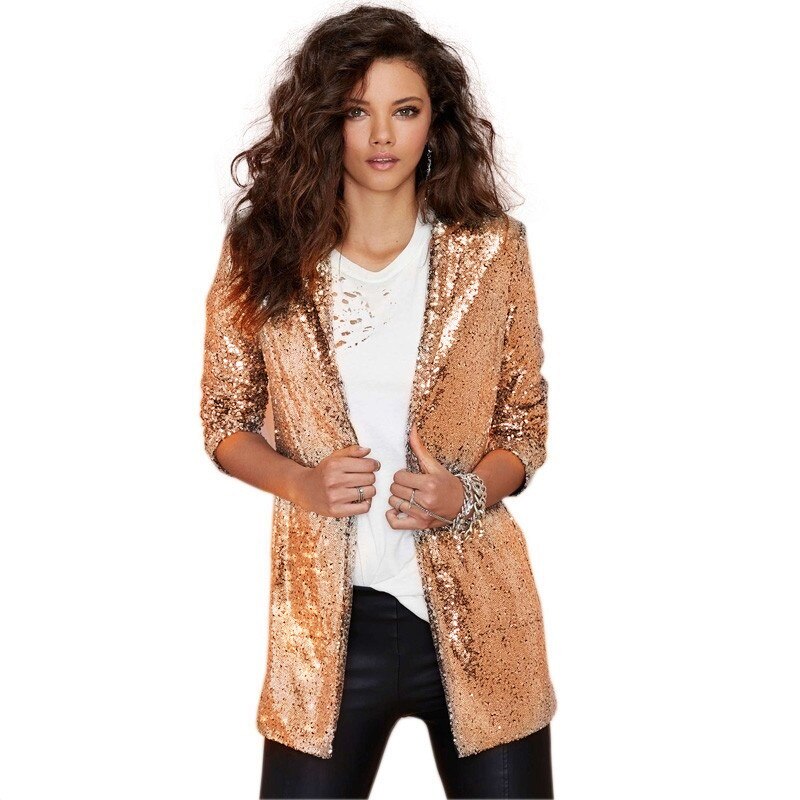 Höst kvinnor paljetter kavajer jackor guld bling silver svart långärmad kostym kappor nattklubb glitter glänsande punk ytterkläder: Guld- / Xxl