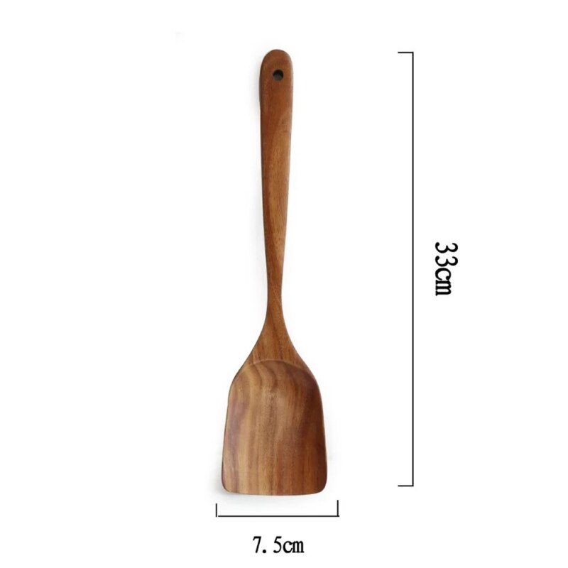 1 sæt naturligt træ servise ske ske vender lang ris dørslag suppe skimmer madlavning skeer køkkenredskabssæt 1: F