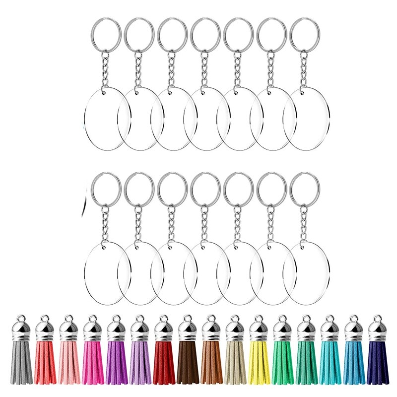 64 Stck Acryl transparent Scheiben leer Schlüsselanhänger Kreis Schlüssel Ketten und Quaste Anhänger Schlüsselring für DIY Projekt und Handwerk