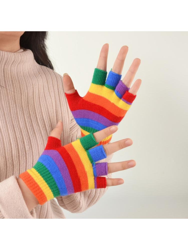 neue freundlicher Winter Gestrickte Volle Halbe Finger Handschuhe Regenbogen Bunte Gestreifte Fäustlinge