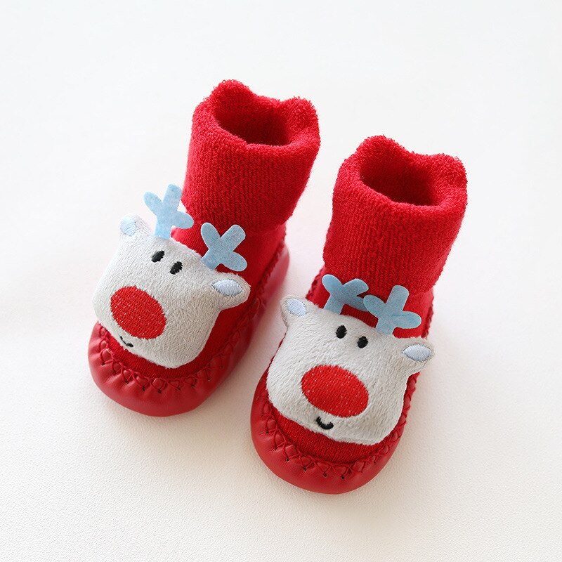 Winter Born Baby Christmas Socks Rubber Soles Skid Resistant Indoor Socks Warm Thick Toddler Girl Sock Shoes Year: Bluefawn / 13CM