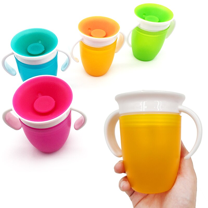 Babybekers kunnen 360 graden worden gedraaid magische beker lekvrije bekers 240ml leerbeker babyfles met dubbele handgreep klapdeksel