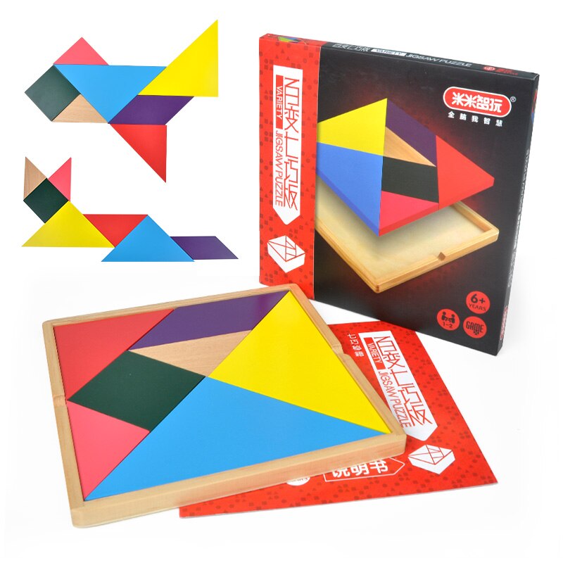 Tangram de madeira 7 peça quebra-cabeça colorido quadrado iq jogo cérebro teaser brinquedos educativos inteligentes para crianças