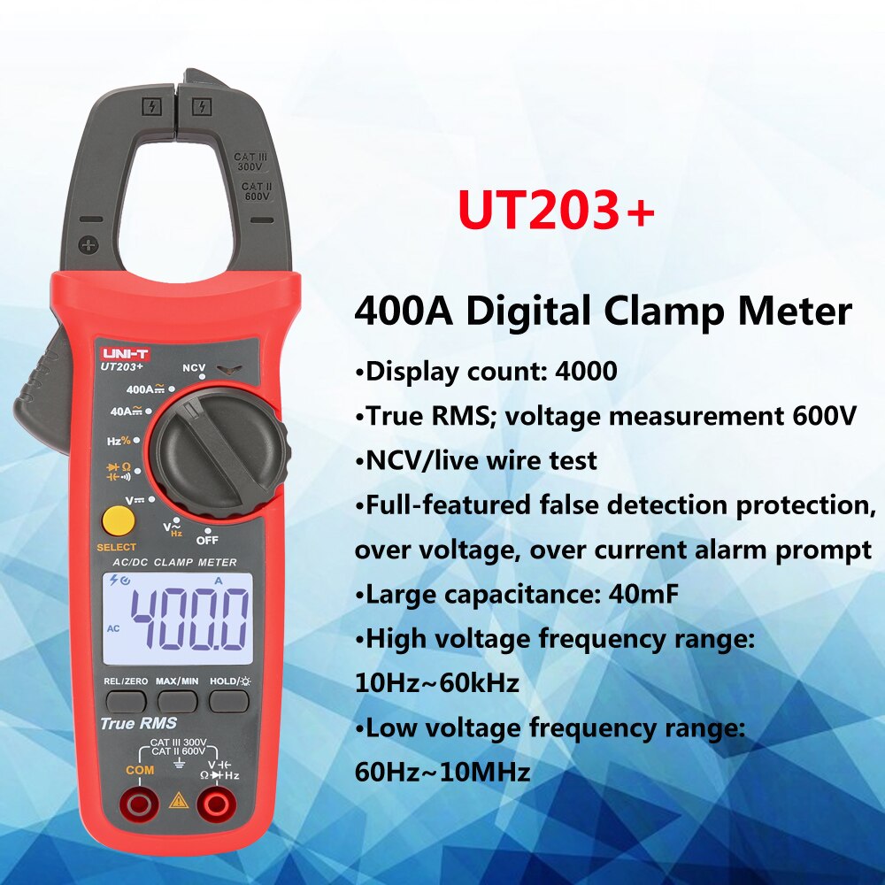 UNI-T Digital Clamp Meter UT201+/UT202+/UT203+/UT202A+/UT204+ True RMS 400-600A Automatic Range High Precision Multimeter Tester: UT203(PLUS)