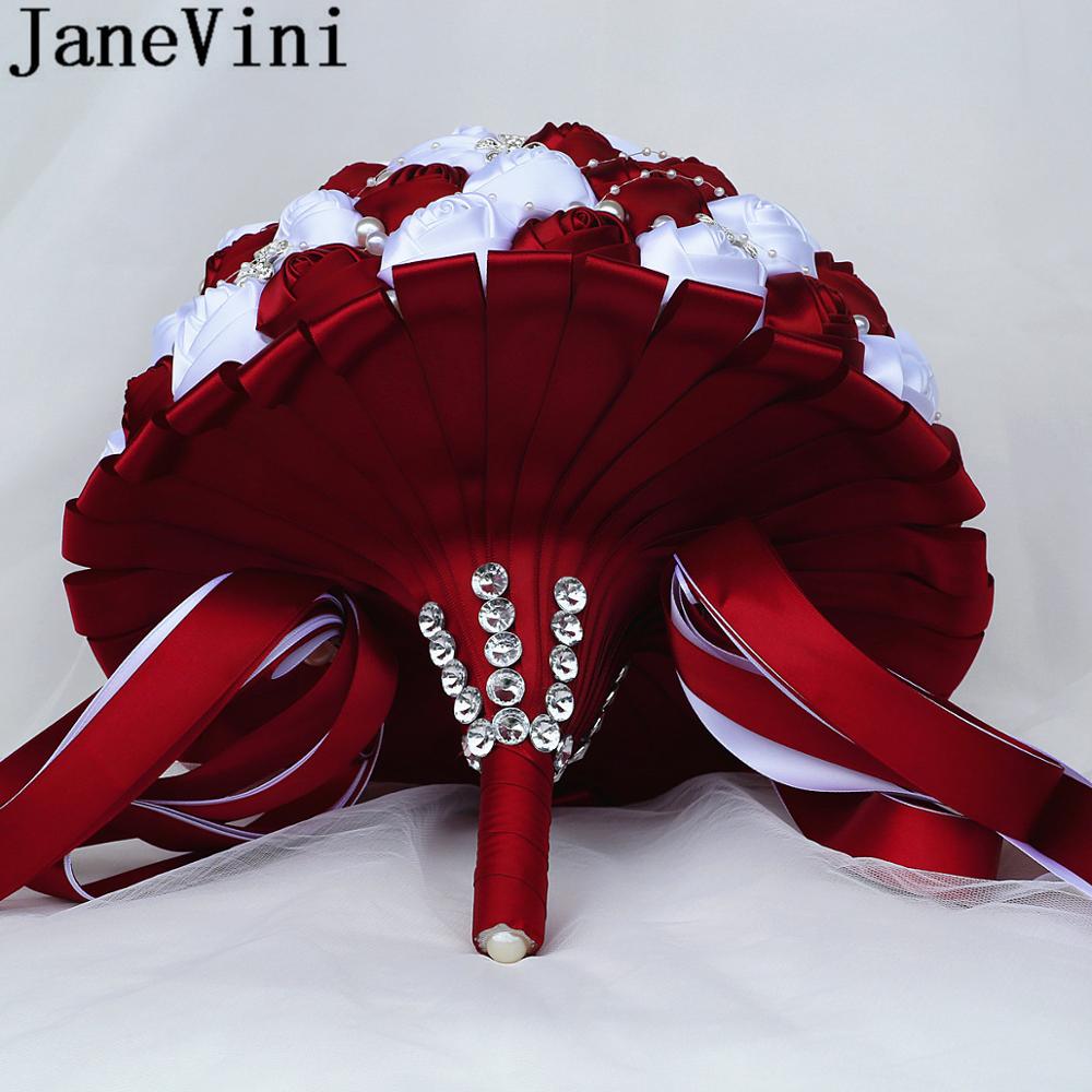 JaneVini-Ramos de boda grandes de 30CM, flores rojas oscuras, nupciales, lujosos, perlas de cristal, cuentas de diamantes de imitación, rosa de novia
