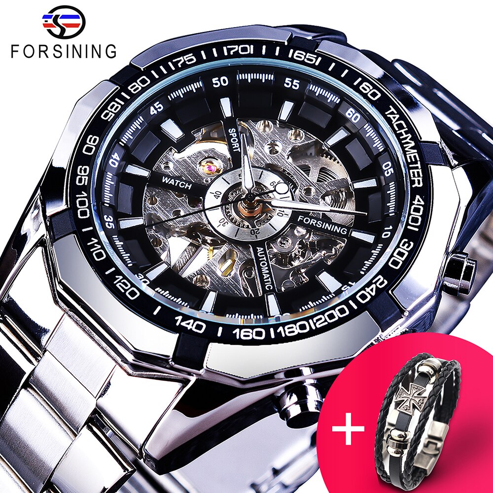 Forsining Horloge + Armband Set Combinatie Zilver Rvs heren Skeleton Transparante Mechanische Mannelijke Horloges Klok
