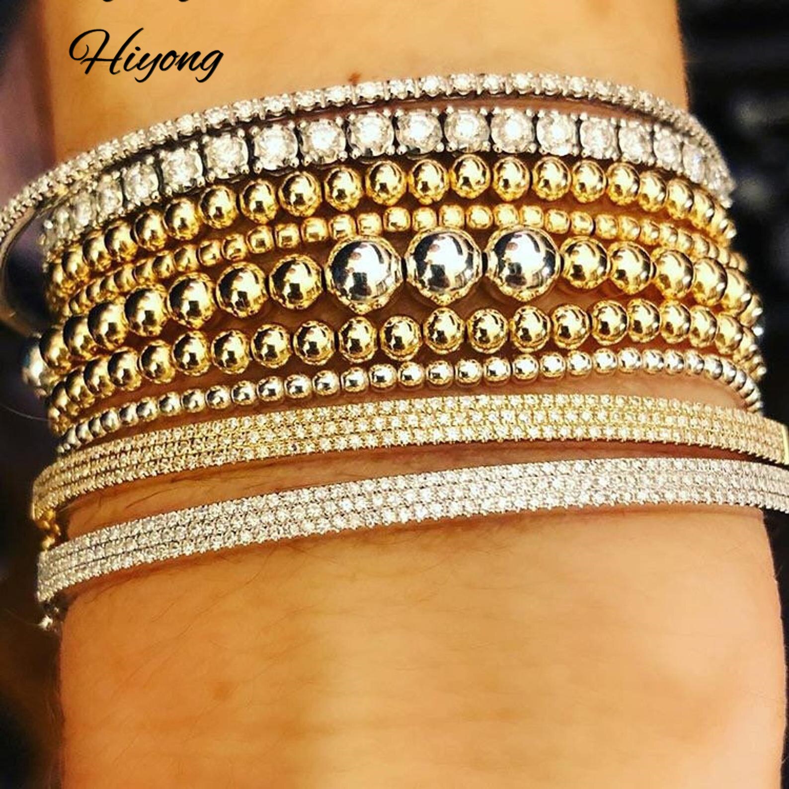 Duoying Elastische Perlen Armbänder Kupfer Einfachheit Gold 6mm 8mm Runde Perle Kette Geometrie Armbinde Für Frauen Armbänder