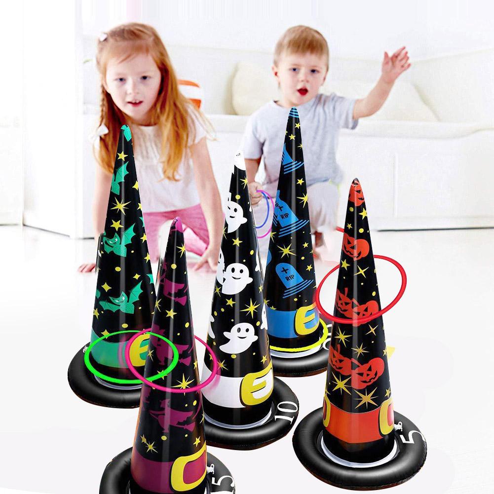 Halloween Opblaasbare Heks Hoed Ring Toss Game Set Party Game Speelgoed Voor Kid Halloween Prop Set Met 5 Hoeden en 10 Ringen