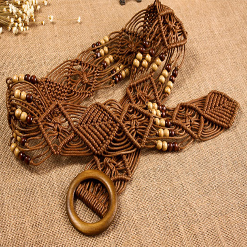 Brand Bohemian style belts for women ladies wooden bead Braided wide knitted belts for female dress