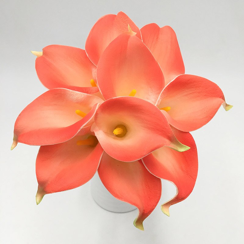 10Pcs Calla Lily Wedding Bouquet Latex Calla Lily Home Flower Arrangement Wedding Home Furnishing Decoration: Coral-Yellow Stamen