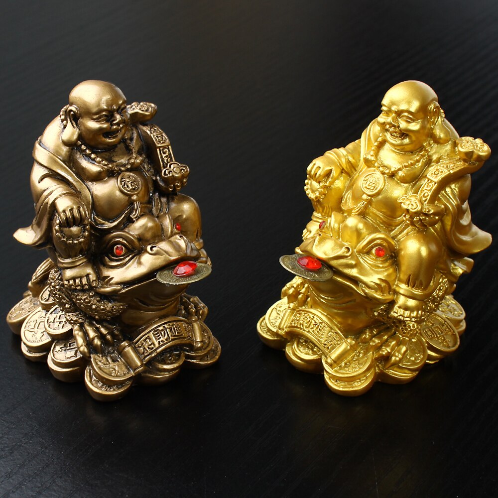 Goud hars sculptuur Maitreya Boeddha standbeeld Qianbao Maitreya Boeddha riding Golden Toad standbeeld