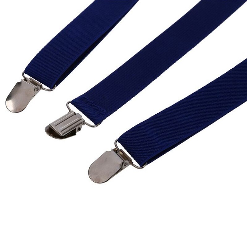 2x Adult Adjustable Metal Clamp Elastic Suspenders Braces Dark Blue &amp; White