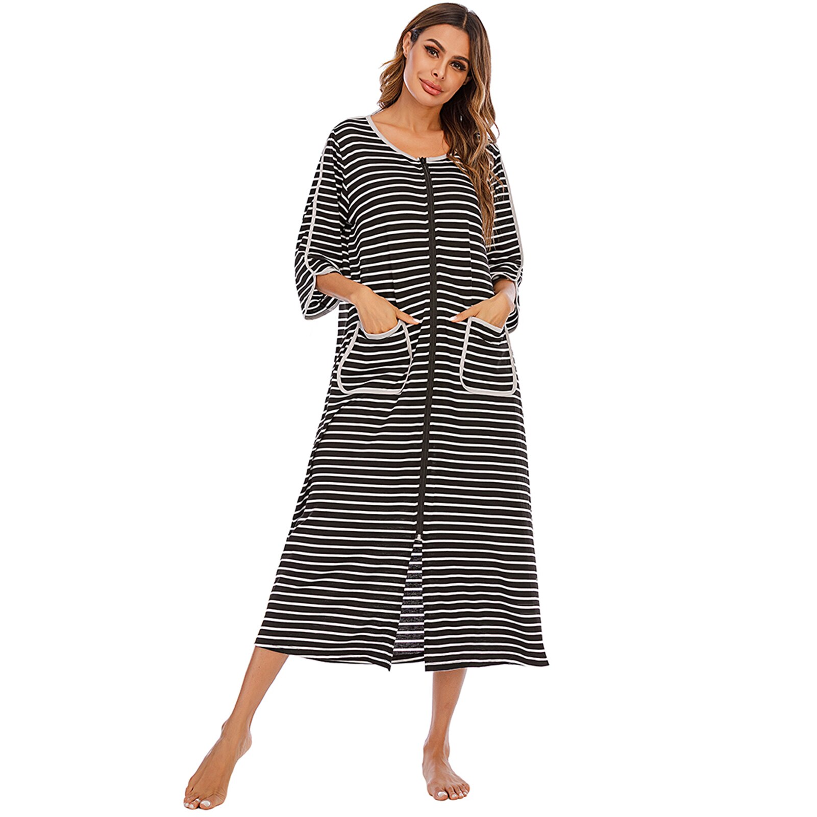 Chemise de nuit à rayures pour femmes poches zippées manches trois-quarts chemises de nuit mi-mollet robes de tenue décontractée longues: Black / XXL