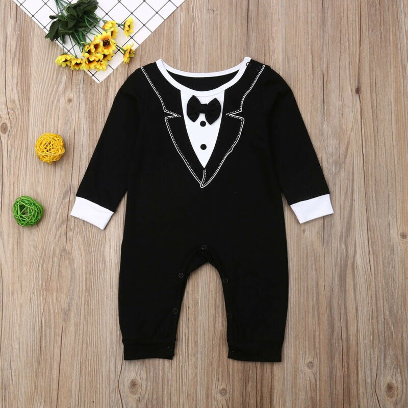 Newborn Baby Boy Christening Tuxedo Formal Romper Jumpsuit Long Sleeve Cotton Tie Jumpsuit Suit Clothes Baby Boy Clothing