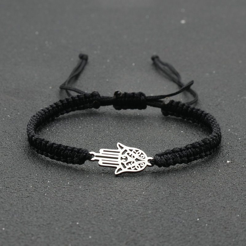 handgefertigt Geflochtene rot Gewinde Seil Armbinde Edelstahl Fatima Hand Charme Armbänder für Frauen Männer Paare Freundschaft Schmuck: Schwarz