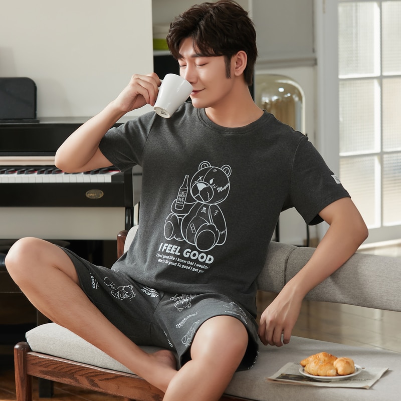 SONG Summer Men's Pure Cotton Pajama Sets Short Sleeve Simple Style Cartoon Handsome Casual Pyjamas Home Wear