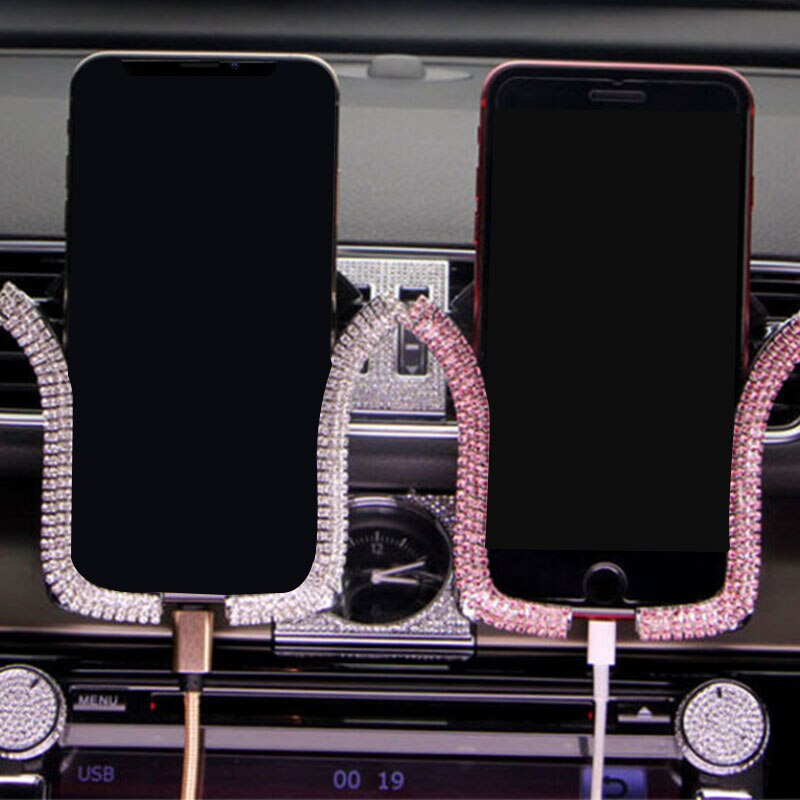 Soporte Universal para teléfono móvil de coche, con cristal de Bing, diamantes de imitación, Clip de montaje para rejilla de ventilación de coche, para iPhone, Samsung, soporte para coche
