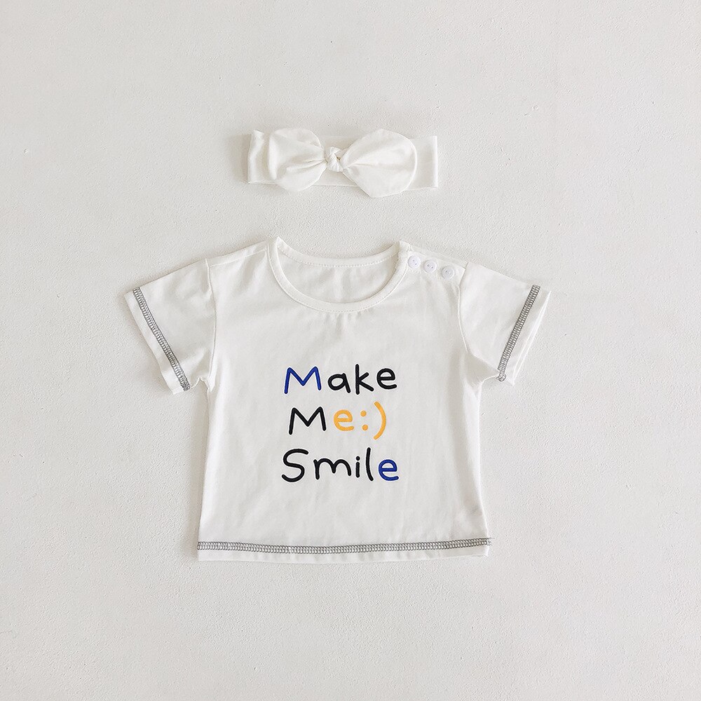 Summer Newborn Tops Baby Girls White T Shirts Korean Style Toddler Short Sleeve Cotton Smile Tees 0-2Y Infant Baby Clothes