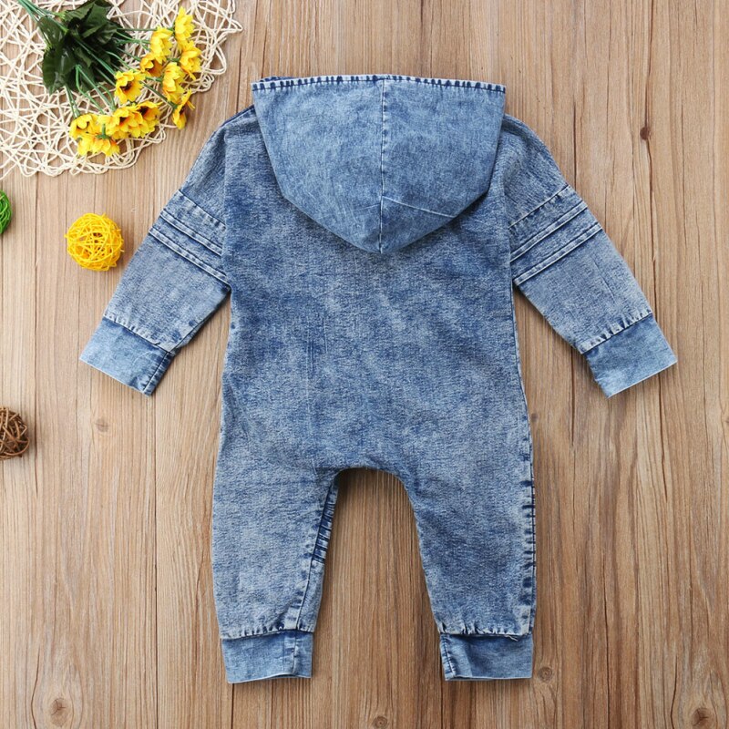0-3Y Toddler Baby Boys Casual Romper Clothes Long Sleeve Zipper Denim Blue Hooded Solid Jumpsuits Outfit Autumn Winter