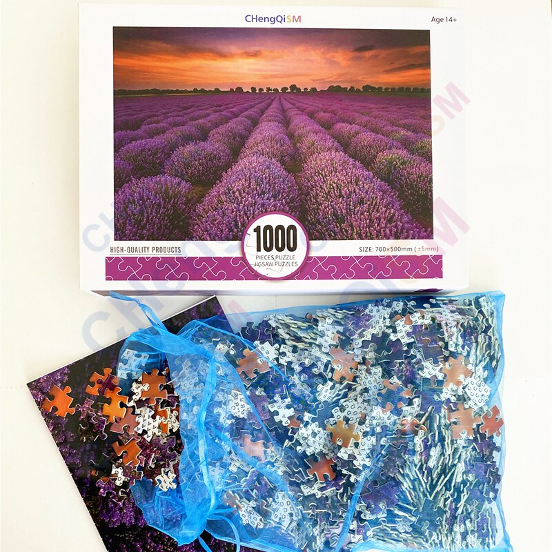 Pussel 1000 bitar papper utbildning leksaker-unika frankrike provence lavendelfält sommar solnedgång landskap