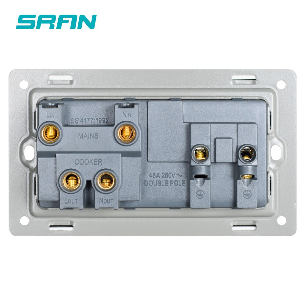 SRAN 45A DP Wall Cooker Switch + 13A BS UK Standard Switched Socket With Neon 3x6 Size Crystal Tempered Glass Panel