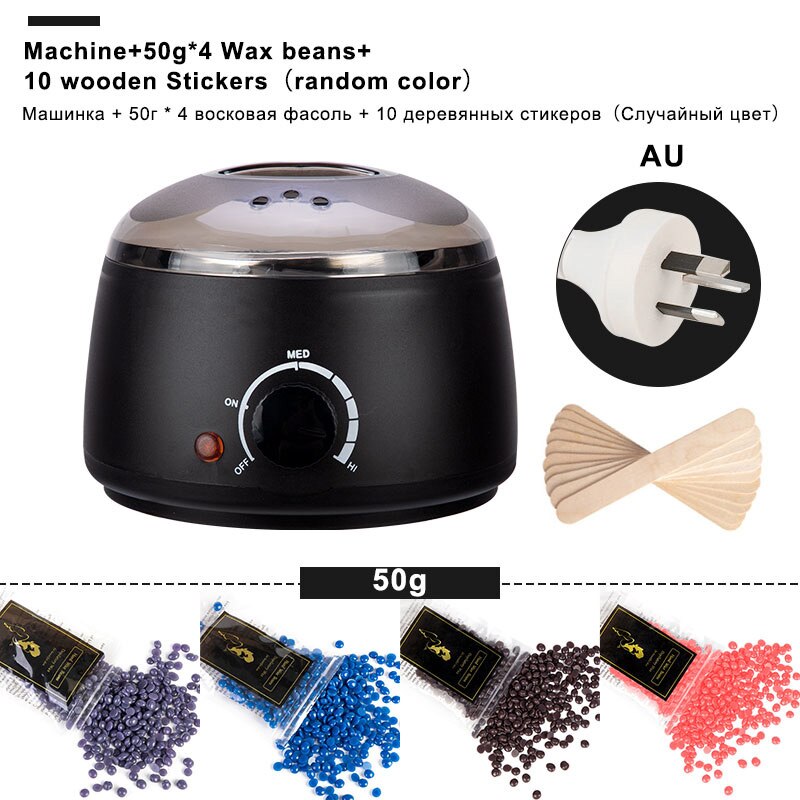 Electric Mini Wax-melt Heater Machine 4 Bags Wax Bean 10 Wood Stickers Hair Removal Machine Waxing Kit Calentador de cera: Black AU plug