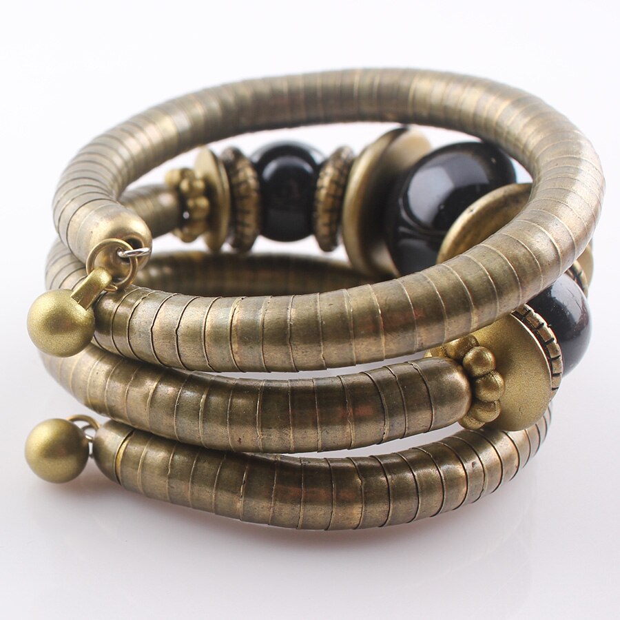 YUZHEJIE Jewelry Tibetan Antique Bronze Snake Bracelet Resin Inlay Roundness Bead Flexible Bracelet Bangles for women