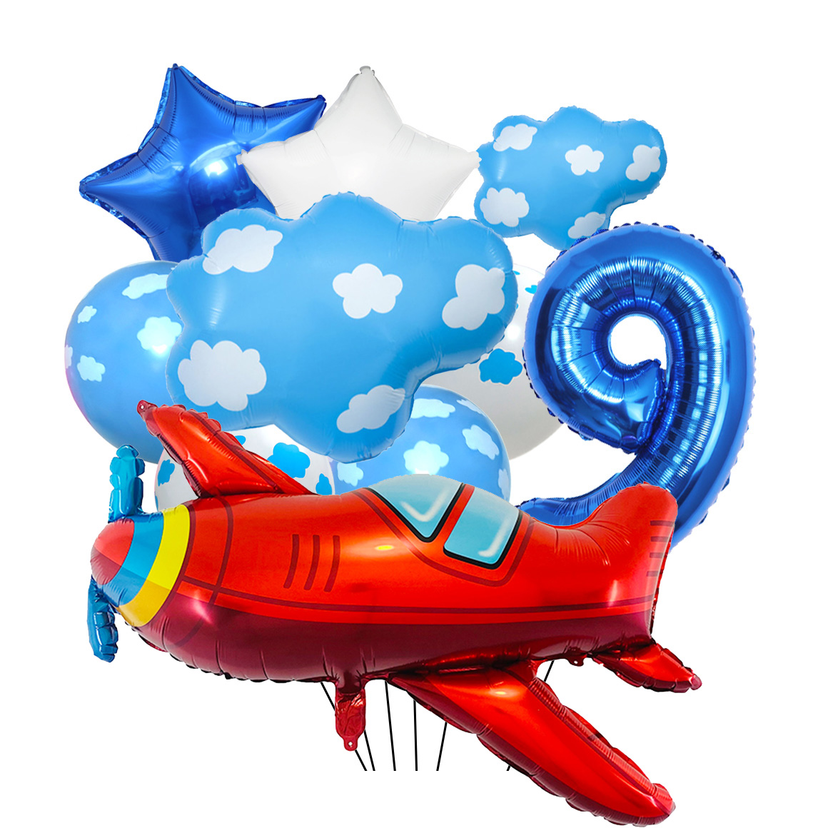 Juego de globos de avión para decoración de de cumpleaños, globo con números azules de 32 pulgadas, globo de nube, suministros para de avión