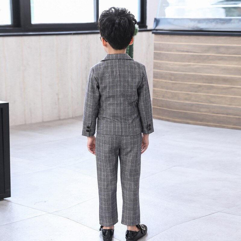 Formal Boy Plaid Gray Suit Set Children's Wedding Party Performance Costume Kids Tuxedo Vest Shirts Pants Clothing Set