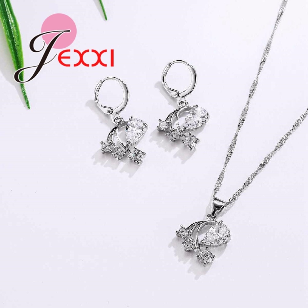 925 Sterling Zilveren Bruids Sieraden Sets Voor Vrouwen Shiny Aaa Cz Crystal Flower Ketting Hanger Oorringen