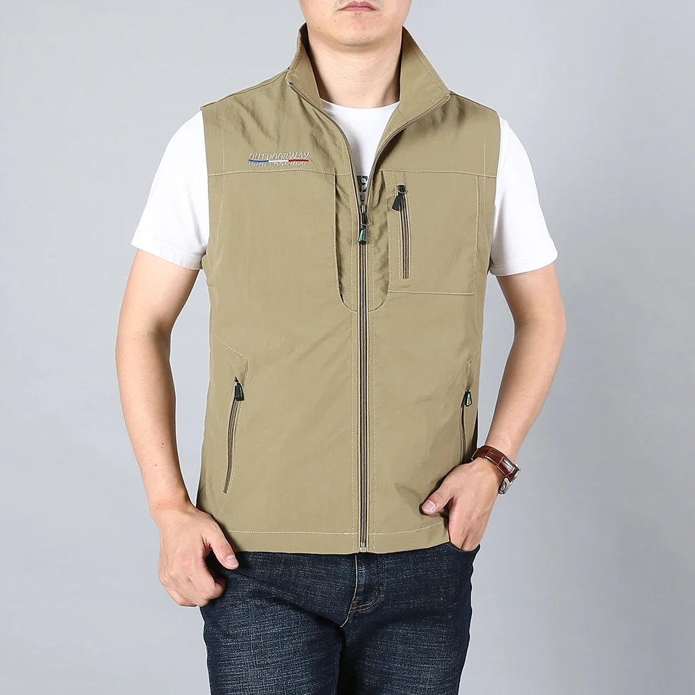 Gilet da uomo giacche gilet da pesca all'aperto 2024 estate tinta unita colletto alla coreana arrampicata escursionismo lavoro senza maniche con tasca: 6XL / Cachi