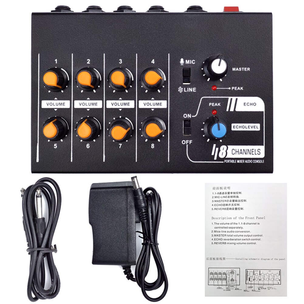 Stereo Professionele Mini Draagbare 8 Kanalen Audio Mixer Mono Zwart Thuis Lage Noise Metalen Dj Karaoke Party Schakelbare