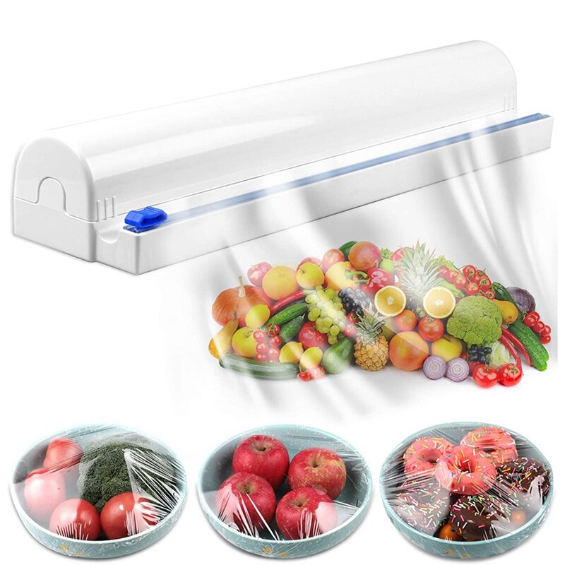 Household Reusable Food Plastic Wrap Dispenser with Cutter, Tin/Aluminum Foil Dispenser with Cutter,1 Wrap Included