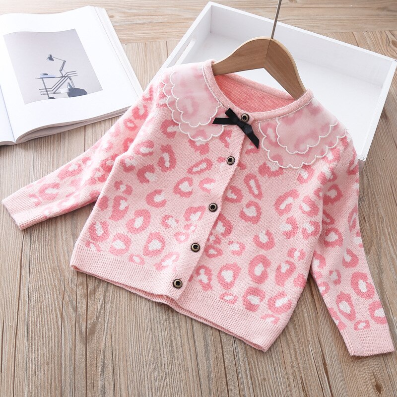 Del bambino Delle Ragazze del Cappotto di Modo di Autunno cardigan Del Leopardo Sveglio del lavorare a maglia Vestiti Dei Capretti Dei Bambini Giacca di Cotone Maglione di Lavoro A Maglia Dei Vestiti per La Ragazza: rosa colore / 3T