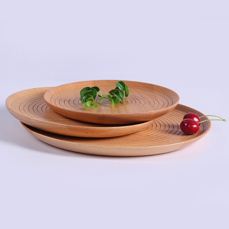 Assiette ronde en bois de hêtre et de noyer noir, assiette à fruits, soucoupe, plateau à thé, dessert, dîner, pain, assiettes en bois
