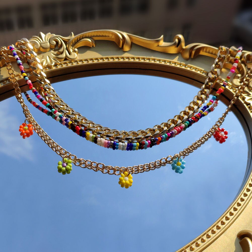 Collana di perline fiore margherita arcobaleno multistrato per donna cubana catena robusta girocollo Set gioielli bohémien regalo per feste Femme