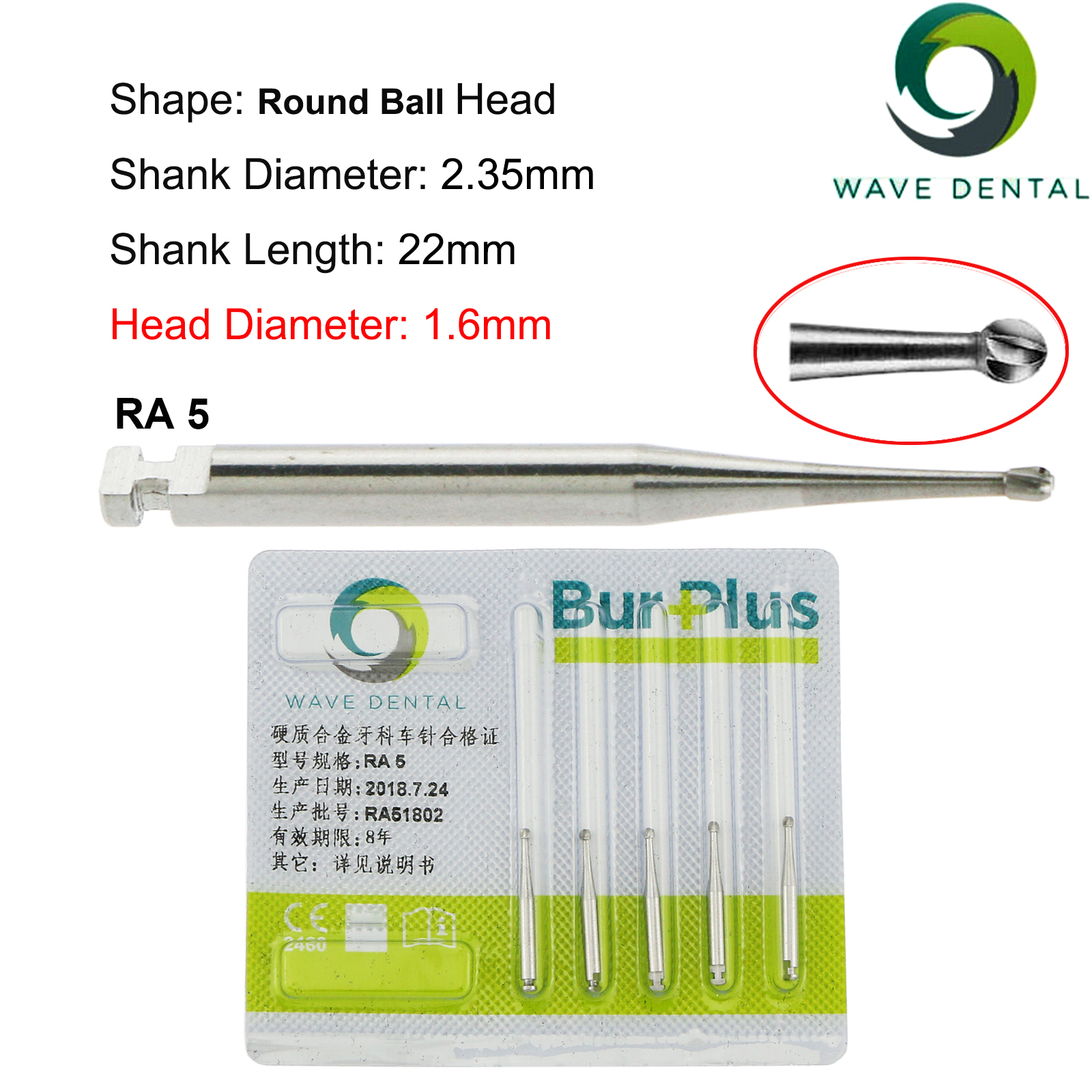 Fresas de carburo de tungsteno Dental WAVE, taladro Dental de cabeza redonda, fresas de implante RA SURG para pieza de mano de baja velocidad, herramientas de dentista, 5 unids/pack: Púrpura claro