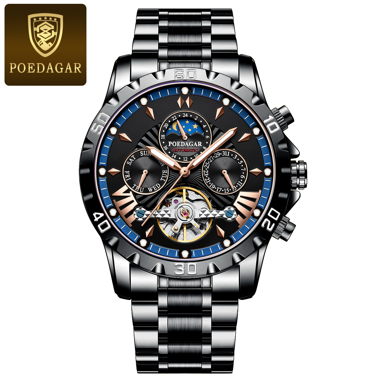 POEDAGAR-Montre de Luxe à Tourbillon Creux pour Homme, Accessoire Étanche, Mécanique et existent, en Acier Inoxydable, avec Date et Semaine: Café